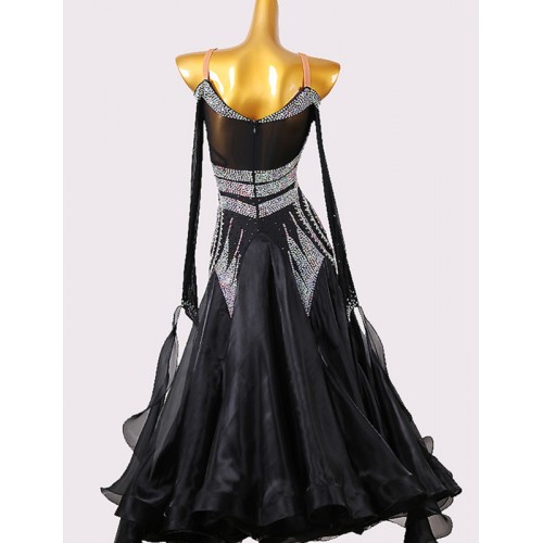 Custom size competition black ballroom dance dress for women girls long length gemstones professional standard foxtrot smooth dance long dress for female